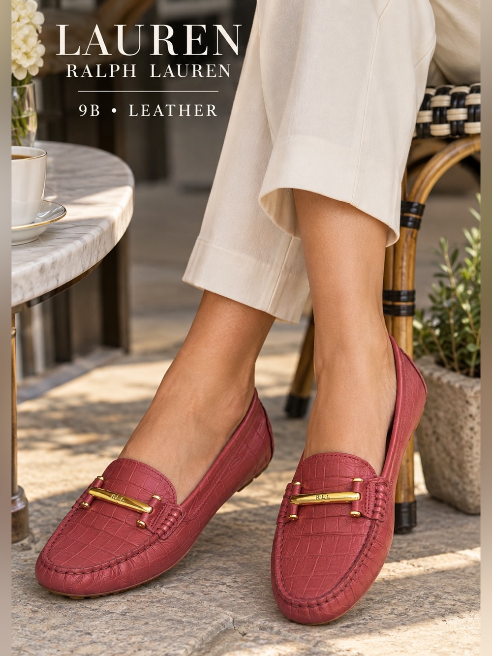 Lauren Ralph Lauren womens 9B dusty Pink Croc Embossed Leather Driving Loafers